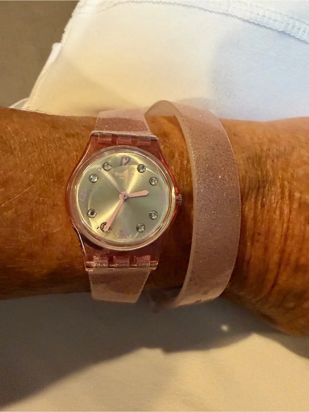 Pink Glitter Swiss Swatch Watch Wrap Style with case and new battery.